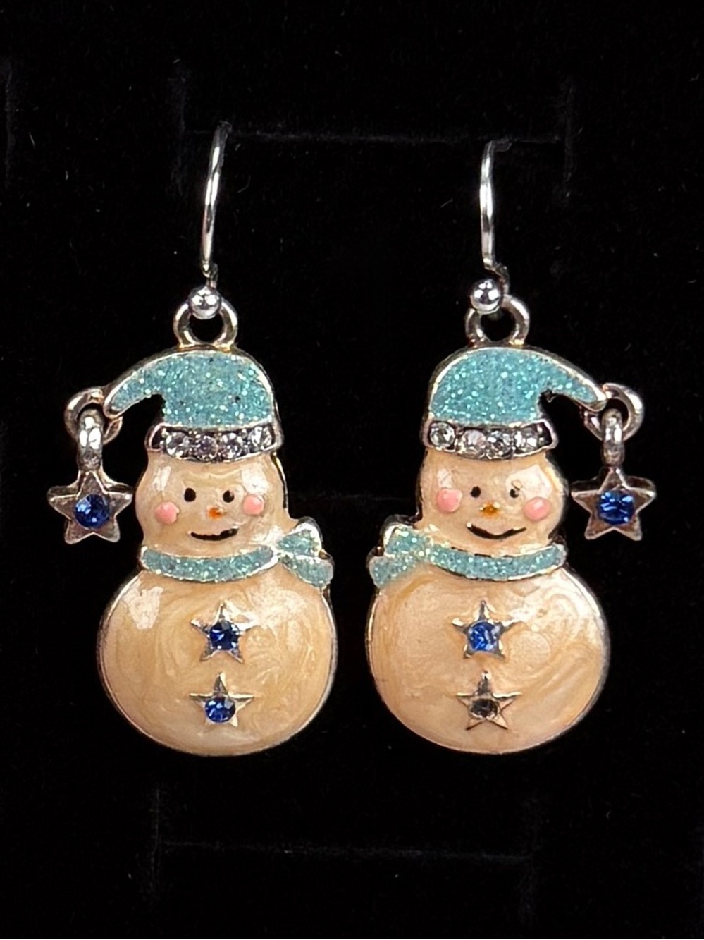 Charming Vintage Snowman Pierced Earrings with Blue Accents